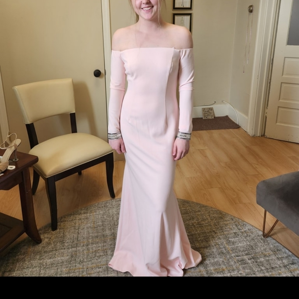 Size 6/8 pink long sleeve off shoulder crepe like trumpet gown by Vince Camuto